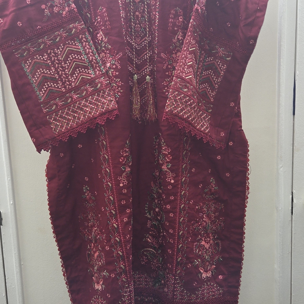 Embroidered Maroon Maxi Dress with Floral Detail